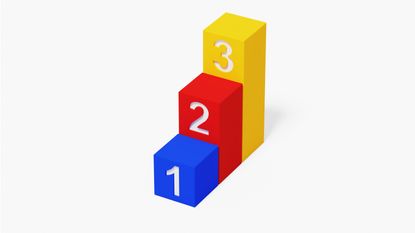 Three steps in blue, red and yellow numbered one, two and three.
